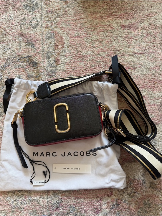 Marc Jacobs Handbags - Marc Jacobs Black Camera Crossbody with Gold Hardware and Red Trim